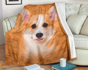 Corgi Face Blanket, Cute Pembroke Welsh Corgi Gift, Realistic Dog Portrait Fleece Throw, Corgi Mom Birthday Present, Soft Pet Lover Decor