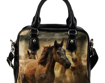 Handväska i vilda hästar, personlig axelväska för hästar, lyxig present till hästälskare, väska i djurkonst, elegant tote i veganskt läder, moderiktig outfit