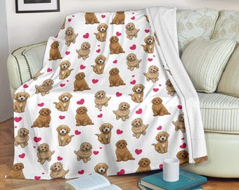 Goldendoodle hjärtfilt, klotterfilt för hundar i fleece, alla hjärtans dag-present till husdjursälskare, söt valpälskling, Goldenpoo mammapresent