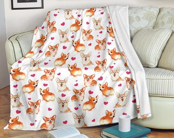 Pembroke Welsh Corgi Heart Blanket, Cute Dog Breed Gift, Soft Fleece Throw, Welsh Corgi Mom Birthday Present, Puppy Nursery Bedding Decor