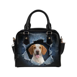 Ariège Pointer Handbag, Ripped Denim Print Shoulder Bag, Braque de l'Ariège Mom Gift, French Pointer Dog Tote, Faux Denim Satchel image 4