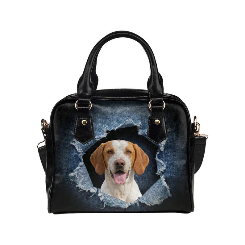 Ariège Pointer Handbag, Ripped Denim Print Shoulder Bag, Braque de l'Ariège Mom Gift, French Pointer Dog Tote, Faux Denim Satchel image 4