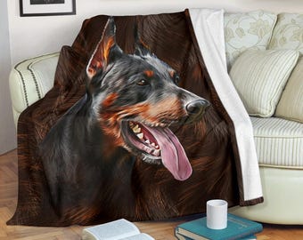 Doberman-ansiktsfilt, realistisk doberman pinscher-present, fleecefilt för stort hundporträtt, doberman-pappas födelsedagspresent, heminredning för husdjursälskare