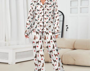 Australian Kelpie Women's Satin Pajama Set, Custom Dog Sleepwear, Long Sleeve PJs, Kelpie Mom Gift, Luxury Pet Lover Loungewear Outfit
