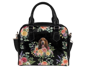 Basset Hound-väska med blommotiv, anpassad Hush Puppy-väska, lyxig blommig gåva till husdjur, långörad hundmamma-väska, veganskt läder