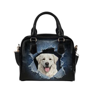 Akbash Dog Handbag, Ripped Denim Print Shoulder Bag, Turkish Livestock Guardian Tote, White Shepherd Gift, Faux Denim Satchel, Dog Mom Gift