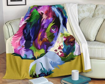 Sankt Bernhardsfilt i fleece, färgglad popkonst-hundfilt, neonfärgad valpfilt, present till Sankt Bernhardsmamma, funky heminredning