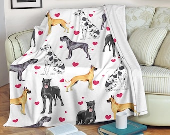 Hjärtfilt för Grand Danois, mjuk jättefilt i fleece, present till hundmamma med harlekinmotiv, söt sängkläder för valpkärlek, mjuk dekoration för stor hund