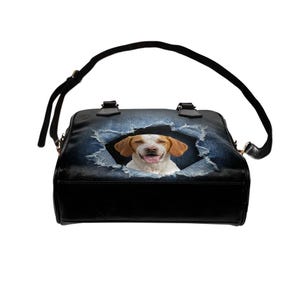 Ariège Pointer Handbag, Ripped Denim Print Shoulder Bag, Braque de l'Ariège Mom Gift, French Pointer Dog Tote, Faux Denim Satchel image 3