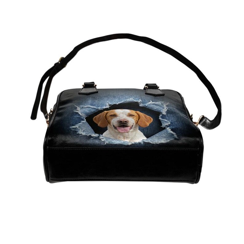 Ariège Pointer Handbag, Ripped Denim Print Shoulder Bag, Braque de l'Ariège Mom Gift, French Pointer Dog Tote, Faux Denim Satchel image 3