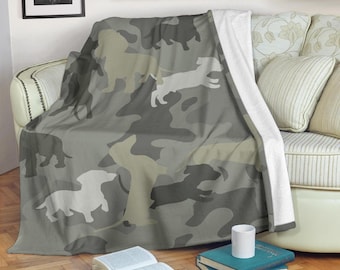 Dachshund Camo Throw, Wiener Dog Fleece Blanket, Sausage Dog Print, Low Rider Dad Gift, Rustic Hunter Decor