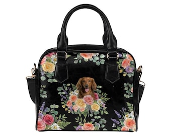 Dachshund (Long-haired) Flower Shoulder Handbag, Custom Fluffy Wiener Dog Purse, Luxury Floral Pet Gift, Doxie Mom Tote, Vegan Leather