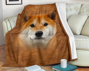 Shiba Inu fleecefilt, realistiskt hundporträtt, sött dogeansikte, japansk rasgåva, Shiba mammadekor
