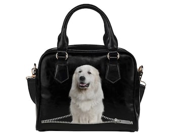 Pyrenees Dog PU Leather Handbag, Great Pyrenees Mom Gift, Large White Breed Shoulder Bag, Pet Lover Fashion Tote, Elegant Dog Portrait Purse