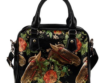 Handtas paardenprint, PU-leren schoudertas bloemen, luxe paardensporttas, cadeau paardenliefhebber, draagtas botanische dieren, veganistische leren handtas