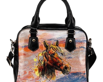 Horse Art Handbag, Custom Equestrian Shoulder Bag, Luxury Horse Lover Gift, Artistic Pet Purse, Elegant Vegan Leather Tote Fashion Accessory