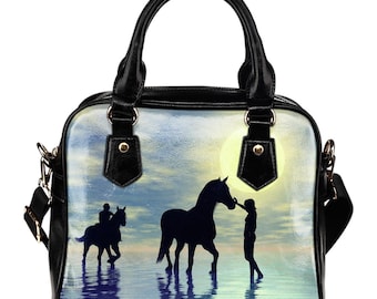 Water Horse Handbag, Custom Equestrian Shoulder Bag, Luxury Horse Lover Gift, Wildlife Art Purse, Elegant Leather Tote Fashion Accessory
