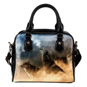 Wolf Print Leather Handbag, Luxury Wildlife Shoulder Bag with Adjustable Strap, Artistic Nature Lover Gift, Elegant Vegan Leather Tote Bag
