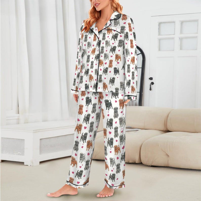 Affenpinscher Women's Long Sleeve Satin Pajama Set, Affenpinscher Mom Gift, Monkey Dog Sleepwear, Dog PJs, Cozy Pet Lover Loungewear image 2