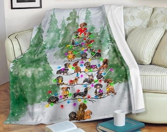 ダックスフントのクリスマスツリースロー、ウィンナー犬用フリースブランケット、かわいいホリデーダックスフントのデコレーション、クリスマスソーセージ犬用ギフト、季節の子犬用寝具