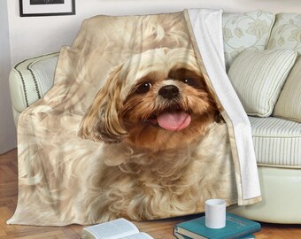 Shih Tzu fleecefilt, realistiskt hundporträtt, söt lejonhunds ansiktekonst, Shih Tzu mammapresent, mjukt sängkläder för husdjursälskare
