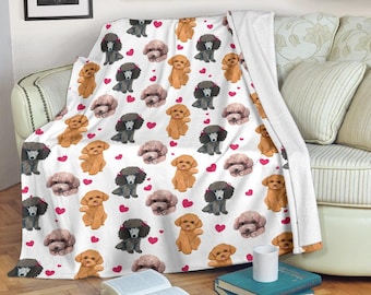 Manta de lã com estampa de poodle e corações, macia e aconchegante, ideal para presente de aniversário para mães de poodle, perfeita para decorar o quarto do seu filhote ou como um elegante acessório para amantes de cães.