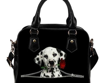Handväska med dalmatisk ros, väska med rosmönster, present till dalmatisk mamma, blommig väska för hundälskare, modeväska med prickig ras, present till husdjursägare
