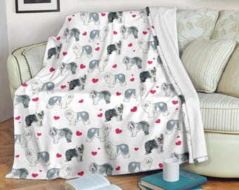 Hjärtfilt för Old English Sheepdog, gåva till lurvig hundras, mjuk fleecefilt, födelsedagspresent till OES-mamma, sängkläddekor för valpbarnkammare, husdjurskonst