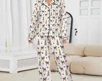 Airedale Terrier Women's Long Sleeve Satin Pajama Set, Airedale Mom Gift, King of Terriers Sleepwear, Dog Breed PJs, Cozy Pet Loungewear