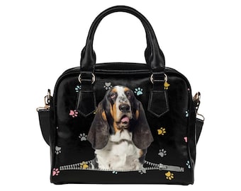 Basset Hound Colorful Paws Zipper Shoulder Handbag, Custom Dog Breed Purse, Luxury Pet Lover Gift, Hound Mom Tote, Vegan Leather Bag