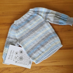 Hand-Knitted Baby Jumper – Blue & Grey Striped Sweater | Baby Shower Gift 0–6 Months | Handmade Baby Clothes