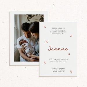 Modèle «Cerise» – Faire-part naissance cerise – Large photo – Design enfantin et doux