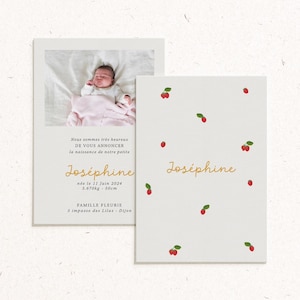Modèle «Fraise» – Faire-part naissance raffiné – Motif fraise – Écriture manuscrite élégante