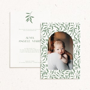 Modèle «Feuillage» – Faire-part naissance feuillage – Photo dans arche – Design doux et naturel