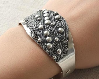 Moroccan Sterling Silver Cuff Bracelet, Tuareg Tribal Bangle, Adjustable Boho