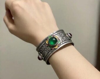 Antique Silver Enamel Berber Bracelet: Moroccan Boho Cuff