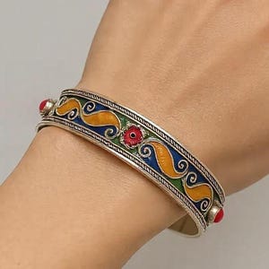 Adjustable Sterling Silver Berber Cuff: Kabyle Enamel Bracelet