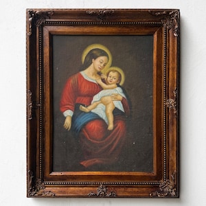 Original Antique Religious Oil Painting – Virgin Mary (Madonna) and Child Icon in Ornate Wooden Frame 1980s #13