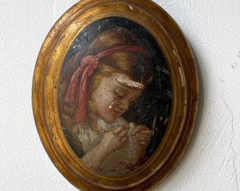 Origineel antiek ovaal olieverfschilderij – Portret van jong meisje met rood lint #21