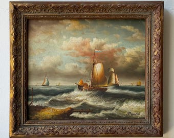 Origineel vintage olieverfschilderij uit de jaren 80 - Nederlandse zeilschepen op zee - gesigneerd &#39;Francoi&#39; - ingelijste nautische zeekunst #24