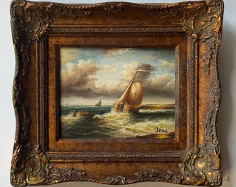 Origineel vintage olieverfschilderij – stormachtig zeegezicht met zeilschepen door Vera #18