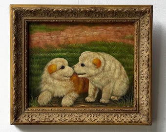 Origineel vintage olieverfschilderij – twee speelse puppy&#39;s in sierlijke lijst #16
