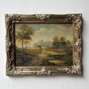 Original Antique Pastoral Oil Painting – Countryside Landscape with Cottage & Cattle, Ornate Silver Frame 1980s #11
