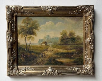 Origineel antiek pastoraal olieverfschilderij – plattelandslandschap met huisje en vee, sierlijke zilveren lijst jaren 80 #11