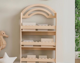 Montessori Rainbow Wall Bookshelf for Kids: Wooden Front-Facing Book Storage for Nursery