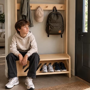 Kids Coat Rack with Bench, School Entryway Organizer, Backpack & Shoe Storage
