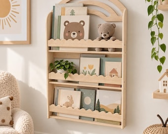 Estante de parede Montessori Rainbow para crianças: armazenamento de livros de madeira voltado para a frente para berçário