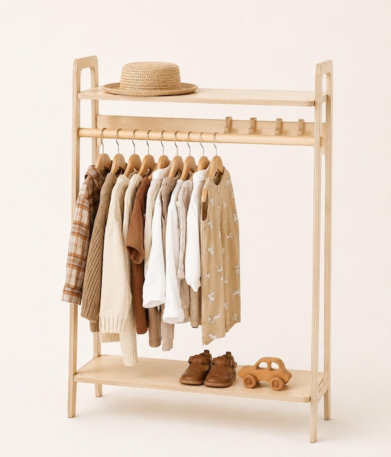 Wooden Montessori Wardrobe: Kids Clothes Rack with shelves, various wood finishes to choose