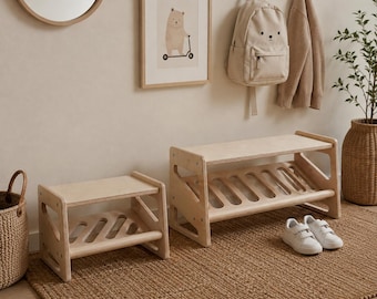 Banco para sapatos infantil para entrada | Banquinho Montessori para bebês e crianças pequenas | Madeira de bétula natural | 35 ou 55 cm