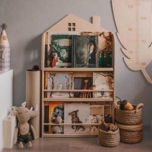 Regał ścienny Montessori dla dzieci w kształcie domku/Otwarty regał trzypoziomowy/Przechowywanie książek w pokoju dziecięcym/Kącik do czytania, różne rodzaje powłok